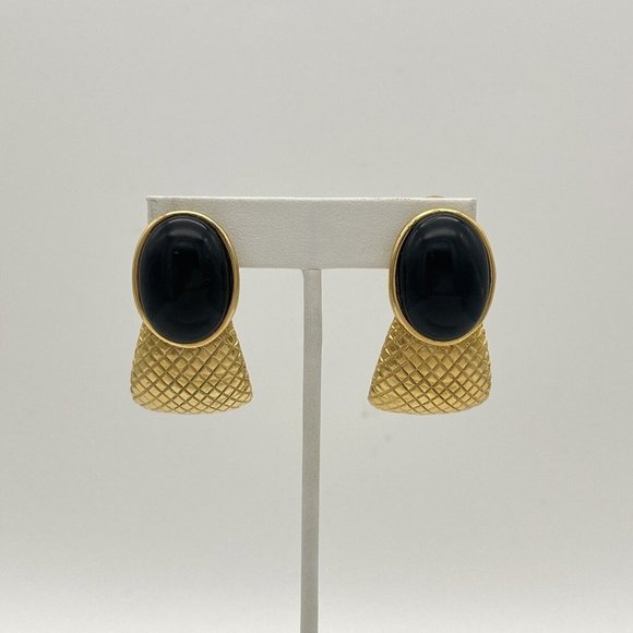 Vintage 80s Gold Curved Large Black Cabochon Statement Clip On Earrings - Picture 3 of 10